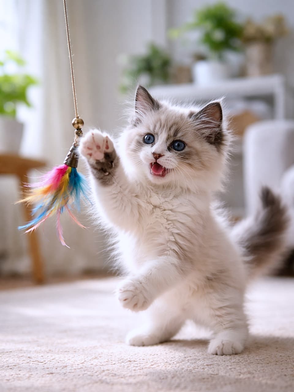 「狙いを定めてジャンプ！遊び全力なラグドール子猫の瞬間📸✨」A playful ragdoll kitten mid-pounce, batting at a dangling string toy in a bright sunlit room. 明るい部屋で、ぶら下がる紐のおもちゃに飛びかかるラグドールの子猫