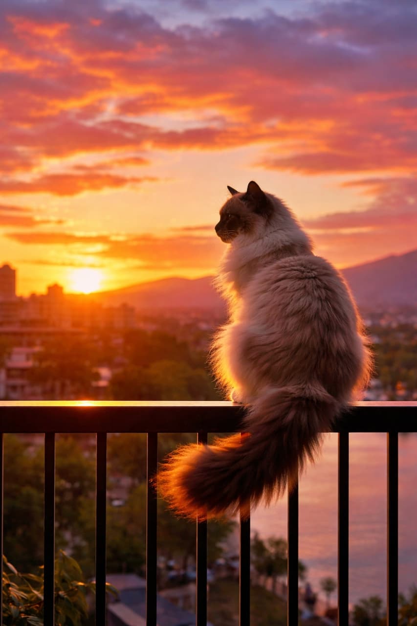 「夕焼けに溶け込むラグドール。一日の終わりを静かに見届ける、贅沢な黄昏タイム」A ragdoll cat sitting on a balcony railing, silhouetted against a vibrant sunset sky, looking calm and contemplative. 鮮やかな夕焼け空を背景に、バルコニーの手すりに座り静かに佇むラグドール猫