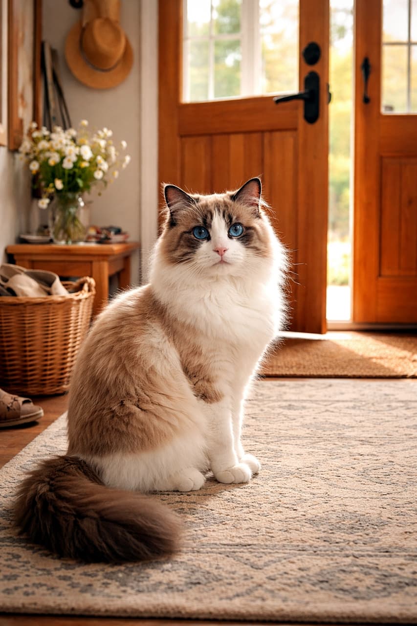 「いってらっしゃいも、おかえりも。この子の定位置は、いつも玄関」An adult ragdoll cat sitting by the front door of a warm home, looking at the viewer with gentle blue eyes, as if welcoming or seeing them off. 暖かみのある玄関先で、見送りや出迎えをするようにこちらを見つめる成猫のラグドール