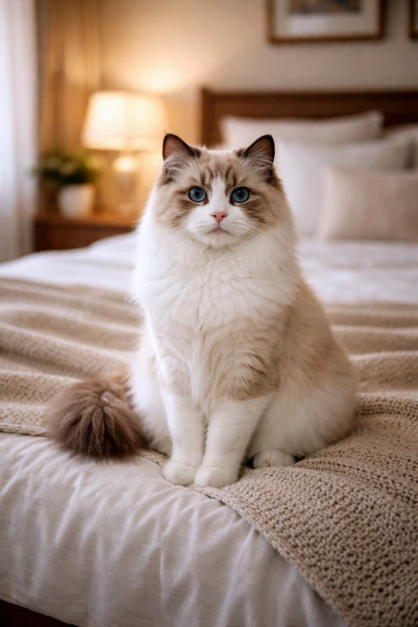 「ベッドの足元に現れた、もふもふの守護騎士。今夜も安心して眠れそう」A young ragdoll cat sitting proudly at the foot of a bed, gazing forward with a calm and protective expression in soft bedroom lighting. ベッドの足元に座り、穏やかで守るような表情を見せる若いラグドール猫。柔らかな寝室の光に包まれている