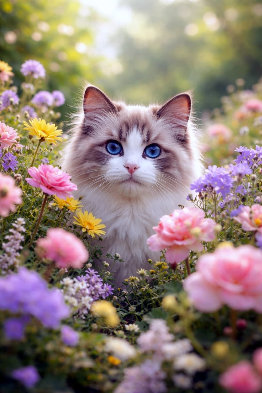 「お花に囲まれてひょっこり✨朝の光に包まれたラグドールの、絵本みたいなひととき🌼🐾」A beautiful ragdoll cat peeking through colorful garden flowers in soft morning light. 色とりどりの庭の花々の中から、朝の柔らかな光を浴びて顔をのぞかせるラグドール猫