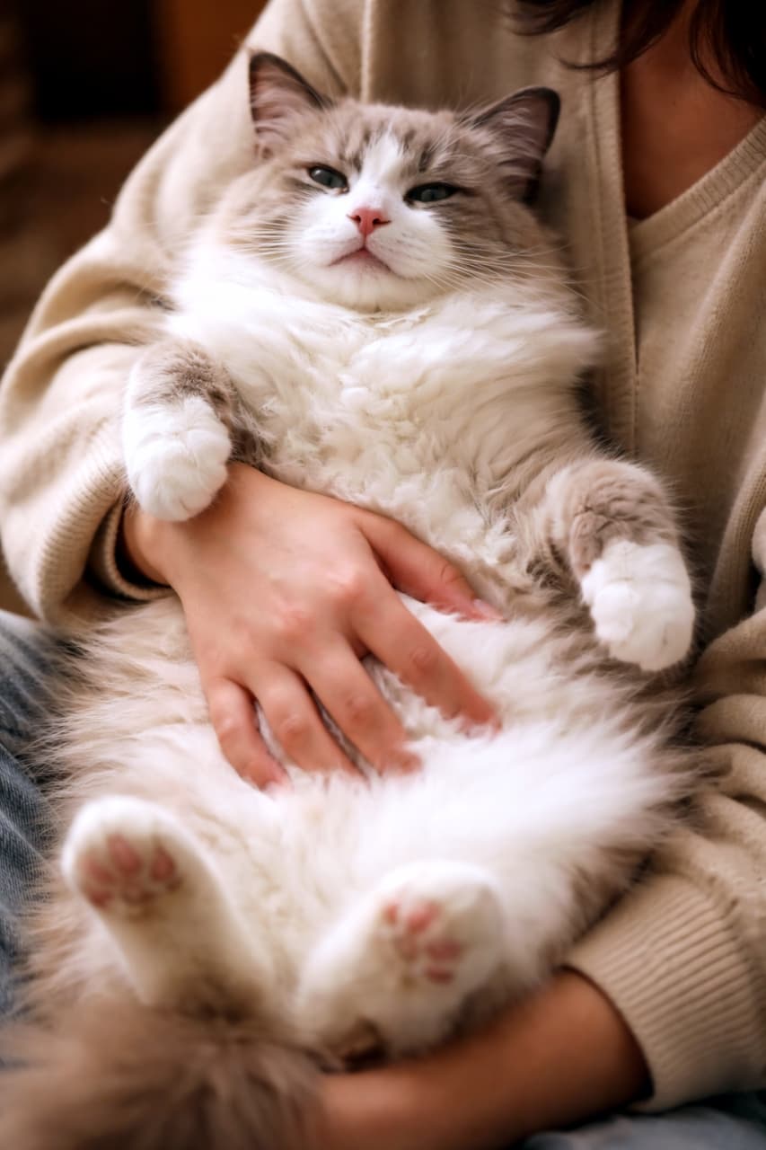 「信頼度100％。抱っこされた瞬間、ラグドールは液体になる説🫶」A relaxed ragdoll cat being gently held in a person’s arms, completely limp and trusting, close-up with warm light. 人の腕に抱かれ、全身の力を抜いて安心しきったラグドール猫のクローズアップ。温かい光に包まれている