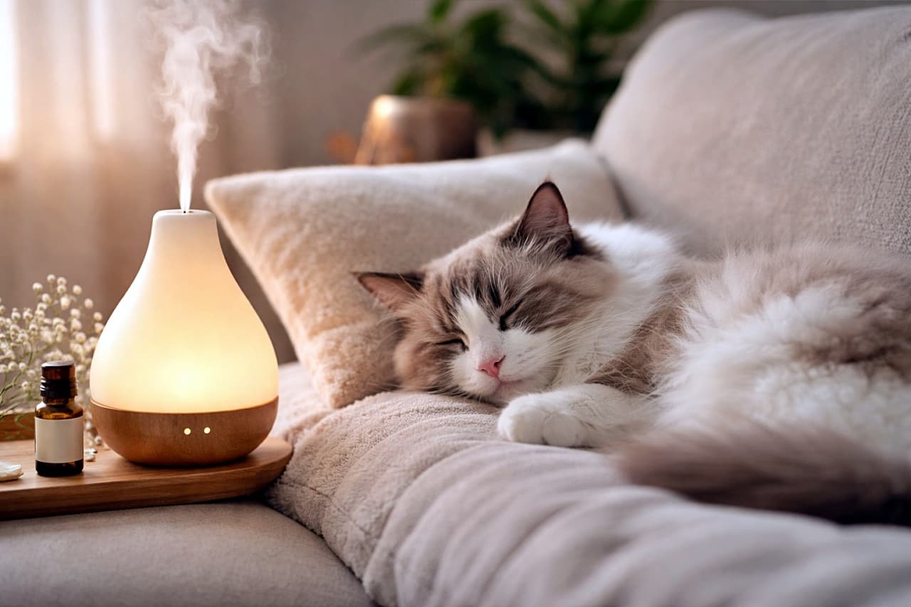 「ふわふわラグドールとアロマの香り。静かな時間が、そっと心をほどいてくれます🫧」A ragdoll cat sleeping peacefully on a soft cushion beside an aromatherapy diffuser in a calm indoor setting. アロマディフューザーのそばで、柔らかなクッションの上に穏やかに眠るラグドール猫の室内風景