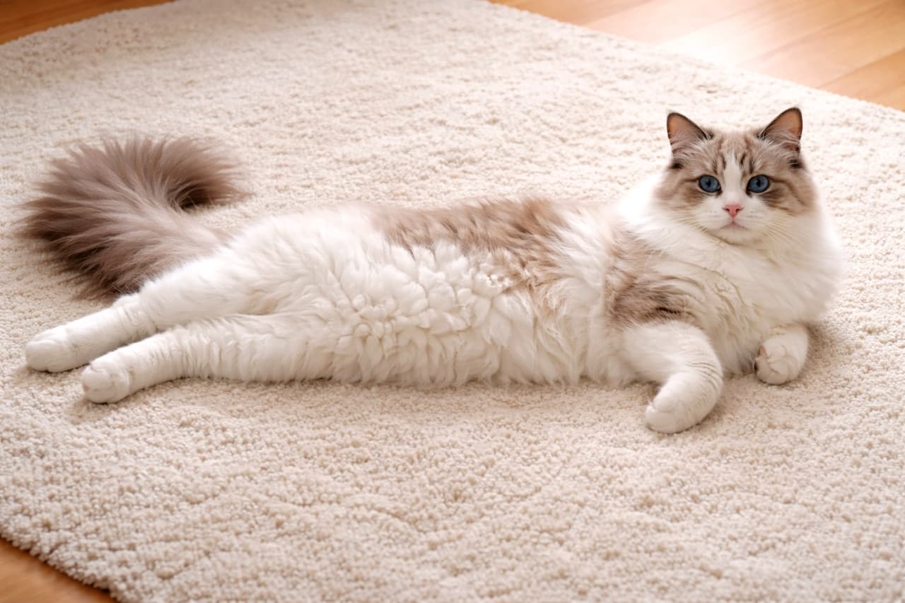 「全力で伸びて、全力でくつろぐ。これがラグドールの正解ポーズです」An adult ragdoll cat lying fully stretched out on a plush rug, showing its long body and fluffy belly, completely relaxed and elegant. ふかふかのラグの上で体を伸ばし、長い胴とふわふわのお腹を見せてくつろぐ成猫のラグドール