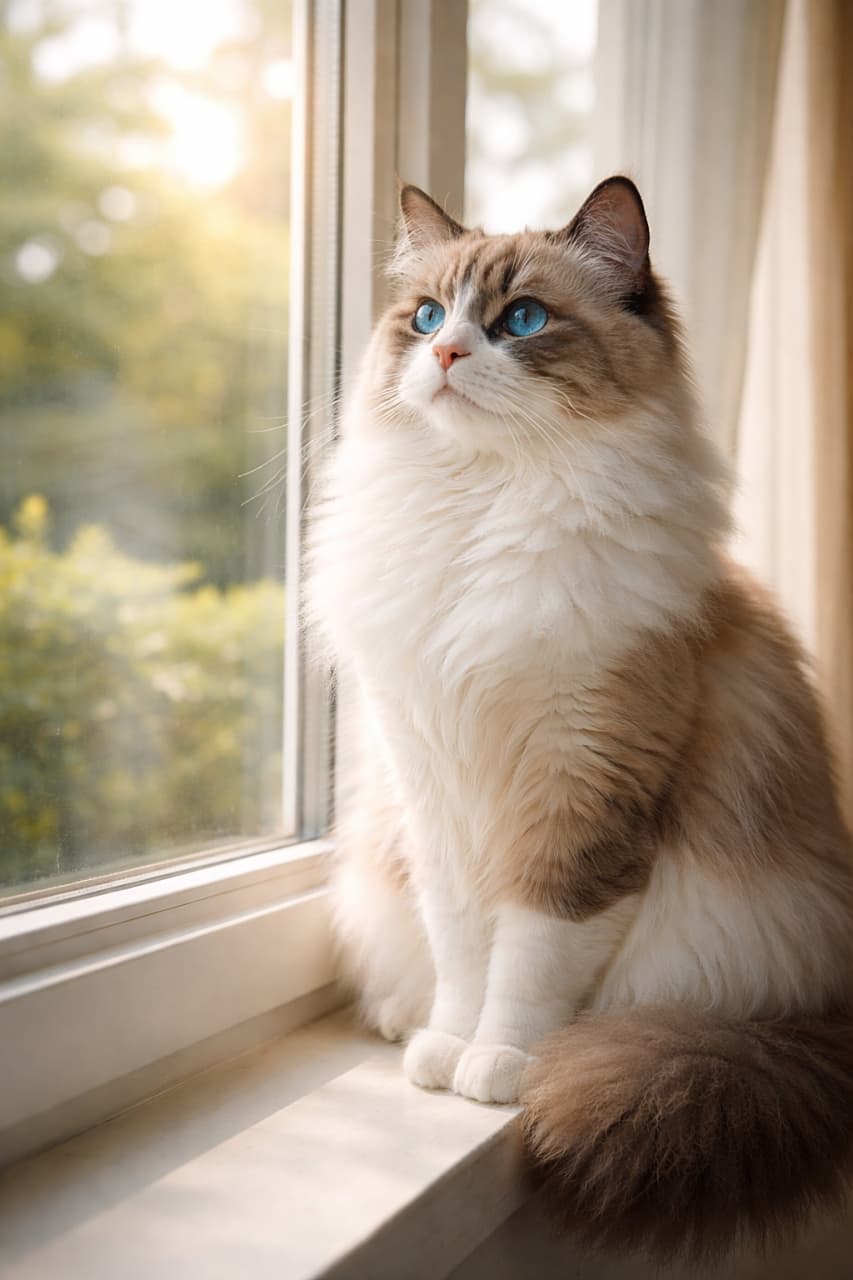 「光と静けさに包まれて。今日も窓辺で、世界を眺める青い瞳」An adult ragdoll cat perched gracefully on a sunlit window sill, looking outside with serene blue eyes, surrounded by soft natural light and green scenery. やわらかな日差しに包まれた窓辺で、静かに外を見つめるラグドールの成猫。青い瞳とふわふわの毛並みが印象的
