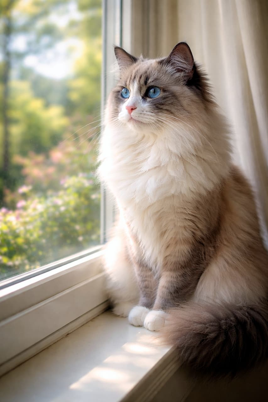 「窓辺特等席で外をぼんやり。青い瞳に映るのは、やさしい光と春の色」An adult ragdoll cat sitting on a sunlit window sill, gazing outside with calm blue eyes, with soft greenery and subtle purple flowers visible outdoors. 日差しの差し込む窓辺に座り、外の景色を穏やかな青い瞳で見つめるラグドールの成猫。外には緑と紫色の花が見える