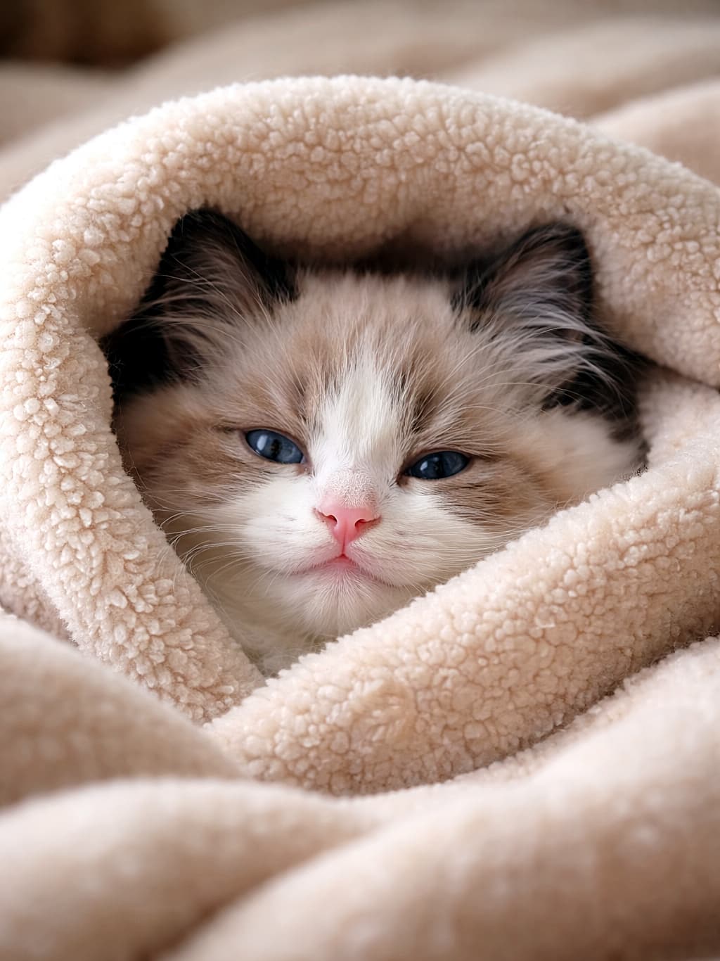 「ぬくぬく毛布に完全ガード🐾顔だけ出して「もう動きません…」なラグドールさん」A young ragdoll cat wrapped snugly in a soft fleece blanket, with only its sleepy face peeking out, creating a warm and cozy atmosphere. ふわふわのフリースブランケットに包まれ、顔だけを出して眠たそうにしている1歳未満のラグドール猫