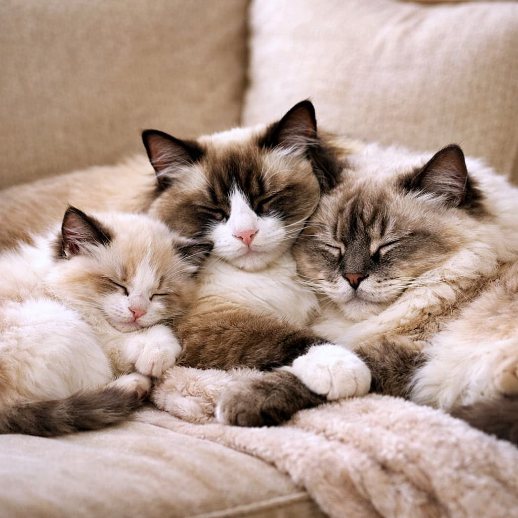 「子猫からシニアまで、ぎゅっとひとまとめ。時間を超えて寄り添う、幸せなラグドール昼寝タイム」Three Ragdoll cats of different ages sleeping together in a cozy pile on a plush sofa, peaceful and harmonious. 年齢の異なる3匹のラグドール猫が、ふかふかのソファの上で寄り添って眠る穏やかな光景