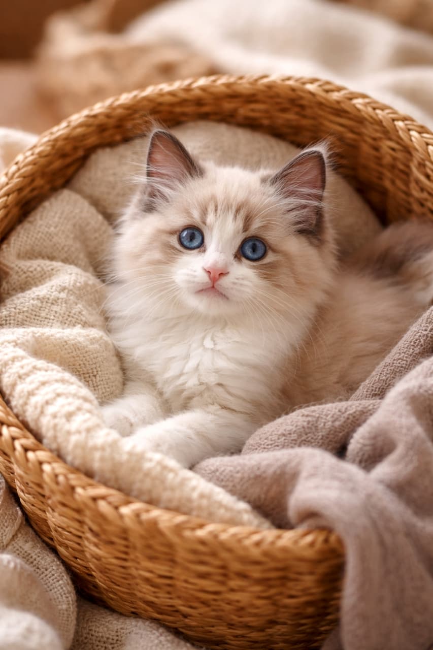 「かごの中は、ぼくの特等席。このキラキラおめめで見つめられたら最後です」A young ragdoll kitten sitting cozily inside a woven basket, surrounded by soft fabrics, looking straight at the viewer with bright blue, curious eyes. 柔らかな布に包まれた編みかごの中で、澄んだ青い瞳でこちらを見つめるラグドールの子猫