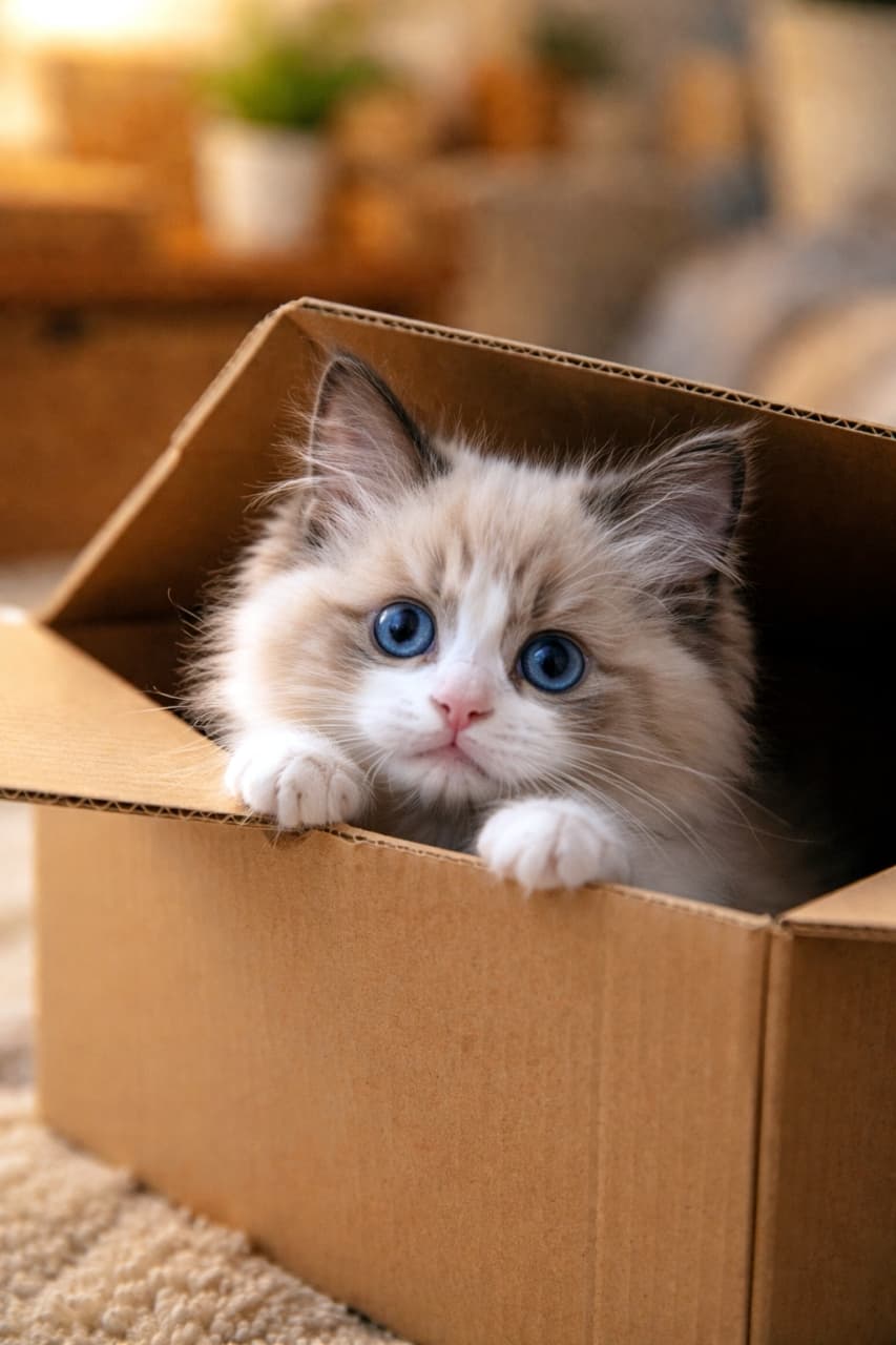 「段ボールは秘密基地。キラキラおめめで世界をのぞくラグドールの冒険が始まる🐾」A curious ragdoll kitten peeking out from a cardboard box with wide blue eyes in a cozy home. 段ボール箱からひょっこり顔を出す、好奇心いっぱいのラグドールの子猫