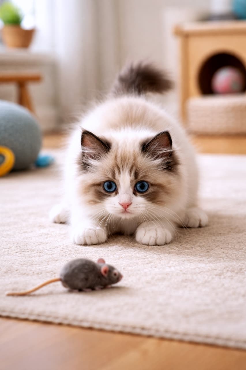 「今だニャ…！狙いを定めた青い瞳と、全身にみなぎる遊び心🐭💨」A few-month-old ragdoll kitten crouching indoors, intensely focused on a small toy mouse, ready to pounce during playtime. 室内のプレイスペースで、小さなネズミのおもちゃをじっと見つめ、飛びかかる直前のラグドールの子猫