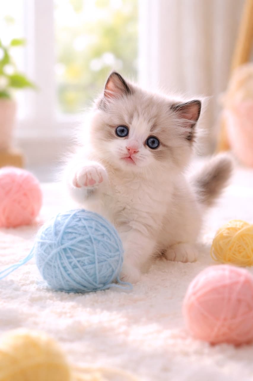 「ふわふわ毛糸玉に全力アタック！好奇心100％のラグドール子猫、今日も元気いっぱい🐾」A playful 2–3 month old ragdoll kitten batting at a fluffy yarn ball in a bright, cheerful room. 明るい部屋で、ふわふわの毛糸玉にじゃれつく生後2〜3か月のラグドールの子猫