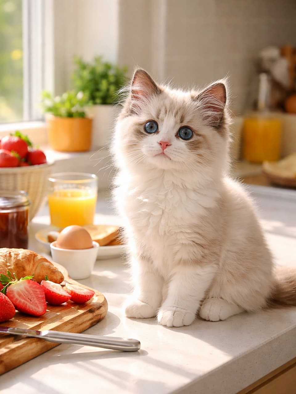「朝ごはんまだかな？お行儀よく見守る青い瞳のラグドール子猫🐾☀️」A fluffy ragdoll kitten sitting politely on a kitchen counter by a sunny window, watching breakfast with wide blue eyes. 朝日が差し込むキッチンのカウンターで、朝食をじっと見つめるお行儀のよいラグドールの子猫