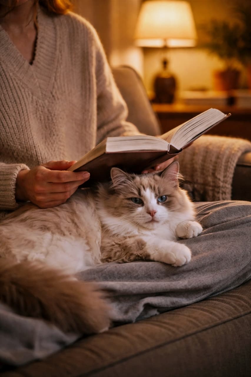 「本を読む静かな夜。気づけば膝の上は、ふわふわラグドールの特等席」A person reading a book in a cozy living room with a ragdoll cat resting gently on their lap under warm lamplight. 暖かなランプの灯りの中、リビングで本を読む人の膝の上にラグドール猫がくつろいでいる様子