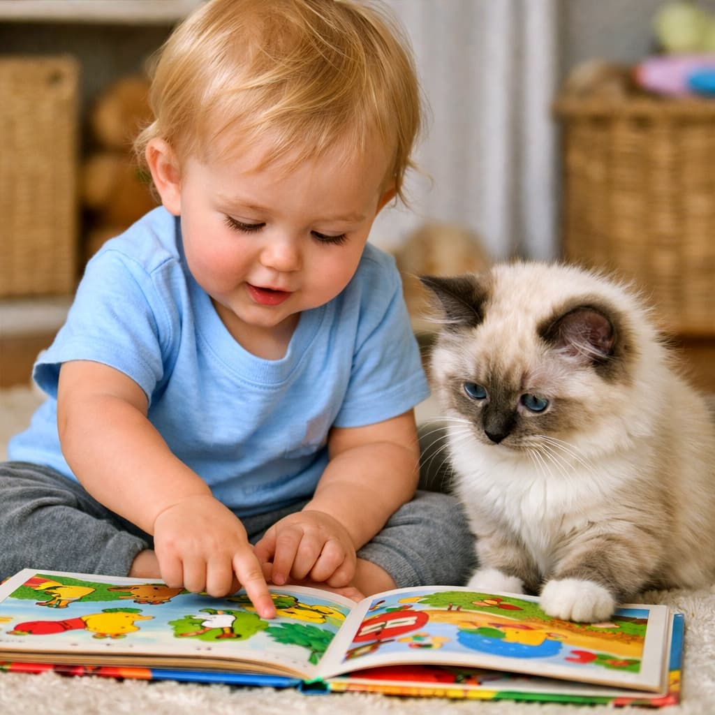 「絵本タイムは一緒がいいにゃ🐾指さしの先を、子猫も真剣チェック中📖💕」A toddler sitting on the floor pointing at pictures in a colorful children's book, while a young ragdoll kitten attentively watches beside them, showing a gentle interaction. 床に座った幼児がカラフルな絵本の絵を指さし、そばで1歳未満のラグドール子猫が興味深そうに見つめている微笑ましい光景
