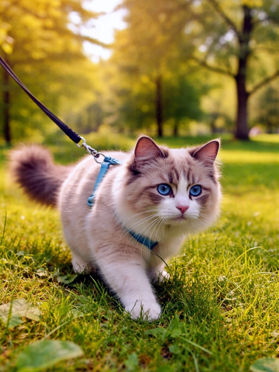 「はじめての外の世界にドキドキ。芝生の感触、全部が新しい大冒険！」A young ragdoll cat wearing a harness and leash, cautiously walking through green grass in a sunny park, exploring the outdoors under supervision. ハーネスとリードを付けた若いラグドール猫が、日差しの差し込む公園の芝生を慎重に歩きながら屋外を探索している様子