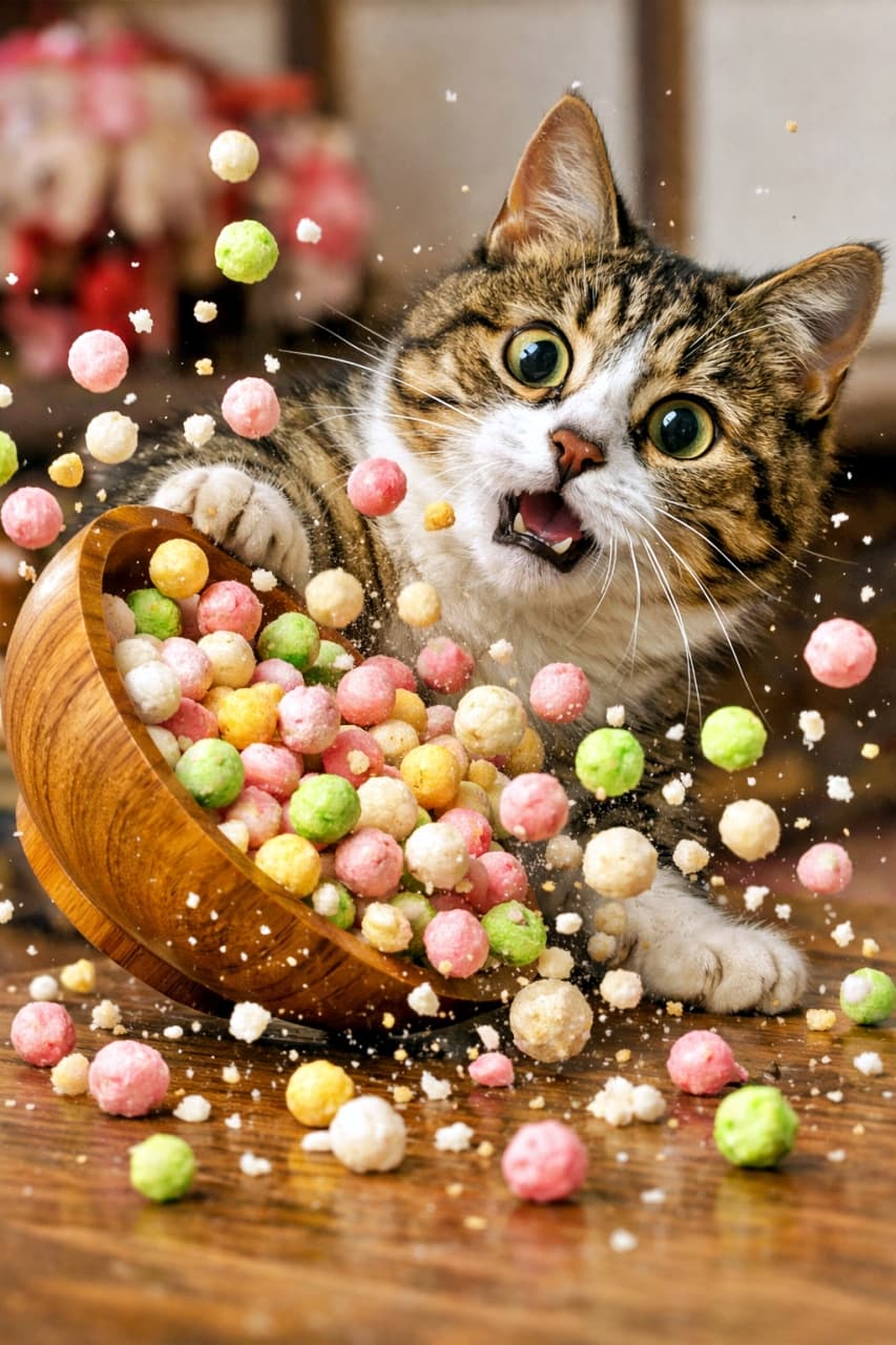 「ひなあられ大惨事!一粒どころか全部飛んだ…猫もびっくりの決定的瞬間📸」A surprised tabby-and-white cat knocking over a bowl of colorful Hina-arare rice crackers, pastel sweets flying through the air in a frozen action shot. ひなあられの入った器を倒してしまい、驚いた表情を浮かべる猫。パステルカラーのひなあられが宙に舞う瞬間