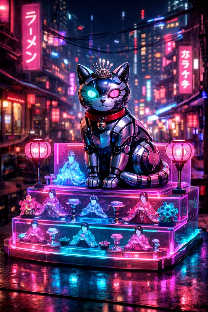 「ネオンきらめく未来の日本🎎雛壇に鎮座するロボ猫が可愛くてクール!」A cyberpunk robotic cat with neon glowing eyes sitting on a holographic Hina doll stand, illuminated by pink and teal neon lights in a futuristic Japanese city at night. ピンクとティールのネオンに照らされた未来都市の中で、ホログラム雛壇に座るネオンの目を持つロボット猫