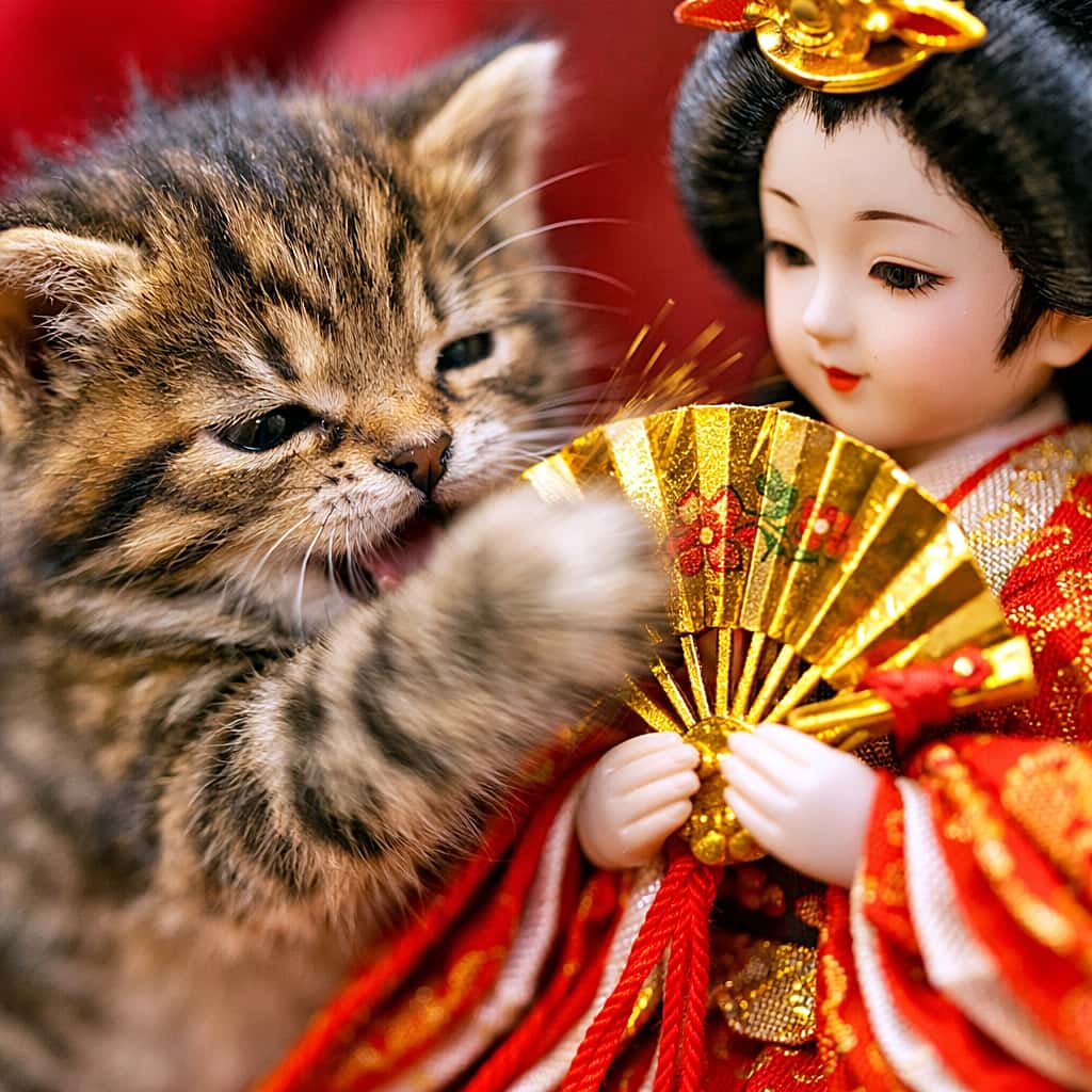 「金の扇に本気パンチ!小さな前足に詰まった、ひな祭り級の破壊力🐱🎎」A tiny kitten throws a playful punch at the golden fan held by a Hina doll, its paw blurred with motion in a vibrant red and gold macro shot. ひな人形が持つ金色の扇に向かって、子猫が前足でパンチする瞬間。動きのブレが可愛いマクロ撮影