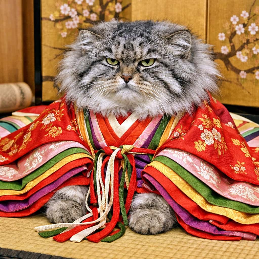 「十二単の重みもなんのその。不機嫌顔が逆にかわいい、もふもふ貴族マヌルネコ🐾」A grumpy and extremely fluffy Pallas's cat wearing a luxurious twelve-layered Japanese ceremonial kimono (Juni-hitoe), sitting on a tatami mat in a traditional Japanese room. 豪華な十二単を身にまとい、畳の上に座る不機嫌そうで非常にもふもふなマヌルネコ