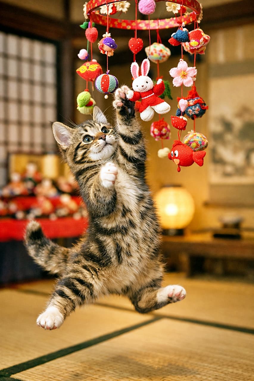 「つるし雛に夢中!和室でぴょんっと舞う、好奇心全開の子猫ちゃん🐾🎎」A playful tabby kitten jumping to catch colorful tsurushi-bina hanging decorations in a traditional Japanese room, with vibrant chirimen fabric and soft depth of field. 色鮮やかなつるし雛に飛びついて遊ぶ、和室の中の元気なキジトラ子猫の姿