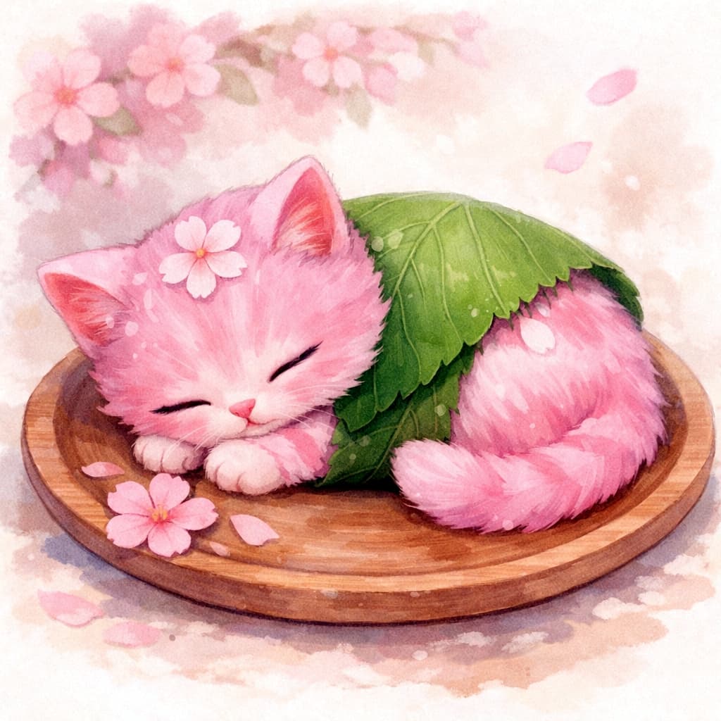 「桜餅…じゃない!? 🌸葉っぱに包まれて、春のぬくもりごとおやすみ中の桜ねこ」A fantasy kitten designed like sakura mochi, with pink fur wrapped in a green leaf, sleeping peacefully on a wooden plate in a soft pastel illustration. 桜餅のような模様の子猫が、木の皿の上で眠っているファンタジー風パステルイラスト