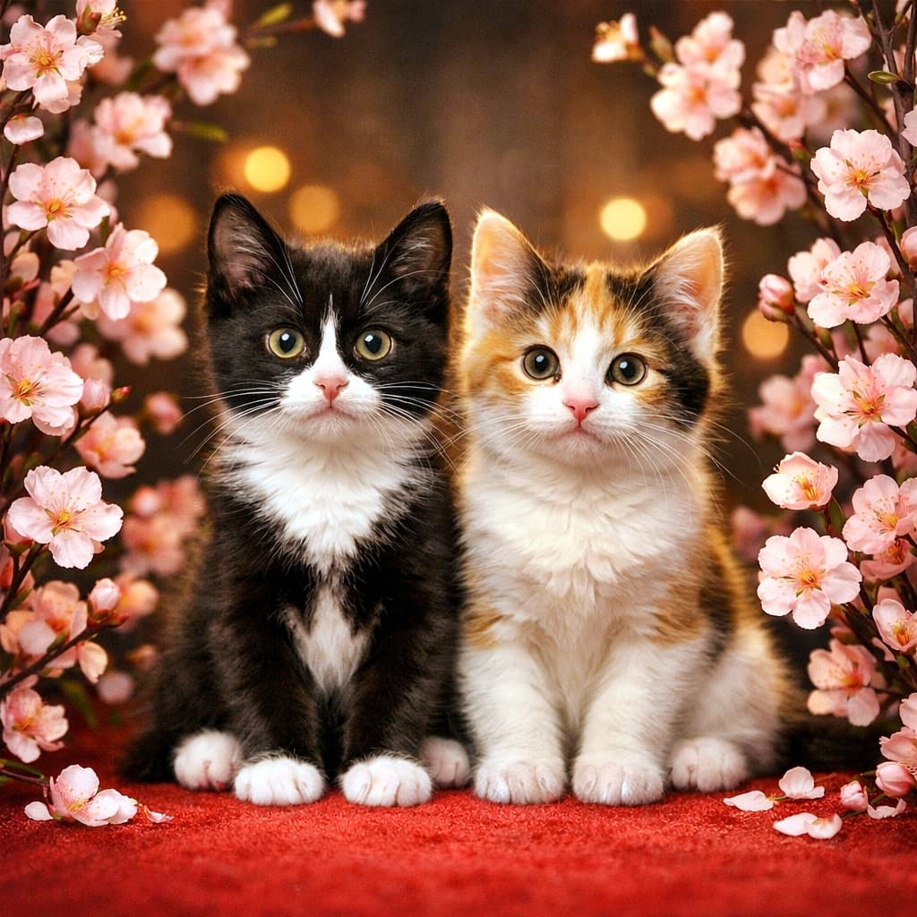 「赤い絨毯にちょこん。桃の花に包まれた、なかよし子猫コンビ🌸🐾」Two kittens sitting side by side on a red carpet, a tuxedo kitten and a calico kitten surrounded by peach blossoms, cinematic lighting, symmetrical composition. 赤いカーペットの上で並んで座るタキシード柄と三毛柄の子猫。桃の花に囲まれたシネマティックな構図