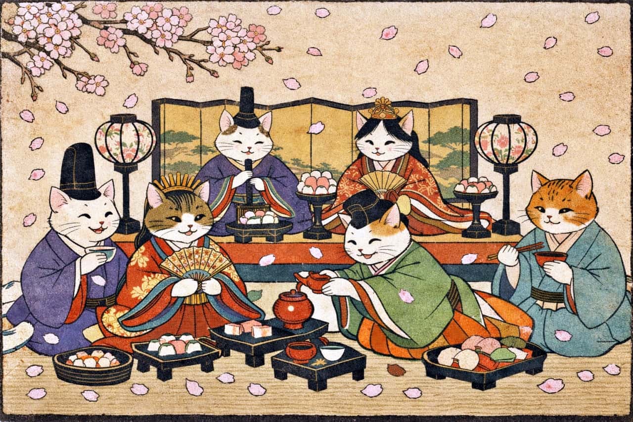 「平安ねこ貴族、ひな祭り満喫中。桜ひらひら、雅とモフが共演する春の宴🌸」Ukiyo-e style woodblock print of anthropomorphic cats wearing Heian court robes, enjoying a Hina Matsuri feast with cherry blossoms falling and a vintage paper texture. 平安時代の宮廷衣装をまとった擬人化した猫たちが、桜舞う中でひな祭りのごちそうを楽しむ浮世絵風木版画