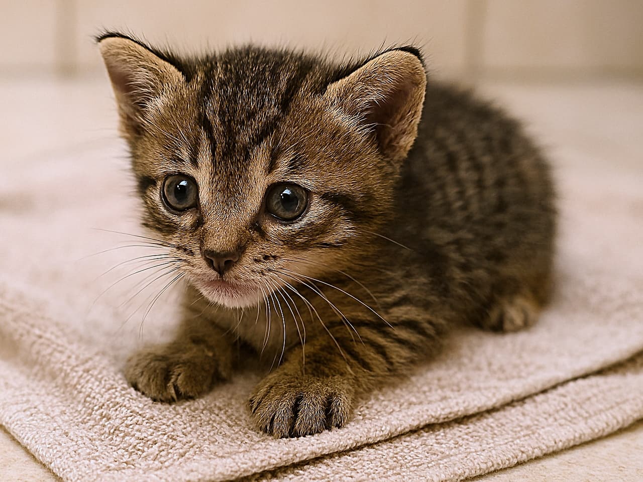 「世界が少しずつくっきりしてきたよ、はじめてのピント合わせ」18‑day‑old brown mackerel tabby domestic shorthair kitten with short striped fur, wide‑open blue eyes beginning to focus, upright ears, and unsteady front legs, lying on a towel on the floor; realistic depiction of the same individual as in previous scenes. 生後18日のブラウン・マッカレルタビーの短毛子猫。短い縞模様の被毛、開き始めた青い目、立ち上がった耳、まだ不安定な前脚。床に敷いたタオルの上に横たわっている。同一個体のリアルな描写