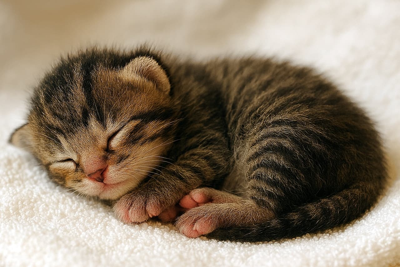 「まるで天使…ふわふわタオルに包まれて、夢の中の子猫ちゃん♡」A newborn brown mackerel tabby domestic shorthair kitten, eyes closed and ears folded, sleeps curled tightly on a soft white towel. Its pink nose and tiny paws are visible, and its short striped fur glows gently under warm, soft lighting. 生後1日の茶色のサバ模様の短毛種子猫が、目を閉じ耳を折りたたみ、白く柔らかなタオルの上で丸くなって眠っている。ピンク色の鼻と小さな肉球が見え、短い縞模様の毛並みが暖かく柔らかな光に包まれている