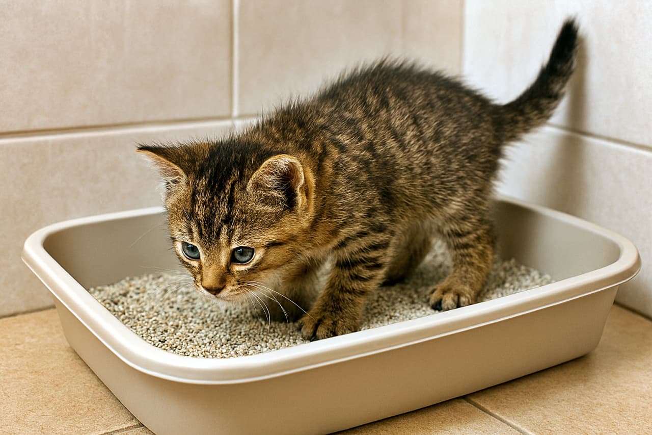 「はじめてのトイレ探検隊!ちょっとドキドキ、でも興味津々♪」A 5.5-week-old brown mackerel tabby domestic shorthair kitten with a short striped coat and blue-green eyes sniffs the litter inside a small beige litter box, set in the corner of a tiled indoor bathroom. 生後5週半の茶色のサバ模様の短毛種子猫が、室内のタイル張りのトイレの隅に置かれたベージュの小さな猫用トイレの中で砂を嗅いでいる