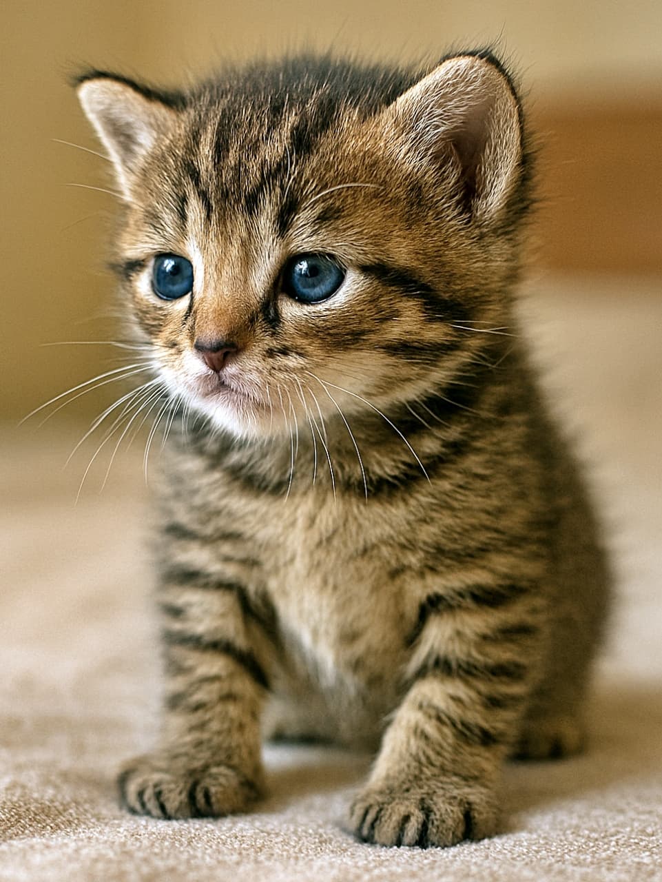 「ふわふわの世界で、きみのまなざしがやさしい光になる」A 16‑day‑old brown mackerel tabby domestic shorthair kitten with cloudy blue eyes and upright ears, sitting on a soft beige surface. Its front paws are braced to lift its upper body, and its short fluffy fur shows distinct tabby stripes. The kitten gazes left under soft indoor light. 生後16日のブラウン・マッカレルタビーの短毛種子猫。曇りがかった青い瞳、まっすぐ立った耳。柔らかなベージュの布地の上に座り、前脚で上体を支えている。短くふわふわした毛並みにくっきりとしたタビー柄。室内の柔らかな光の中で左を見つめている
