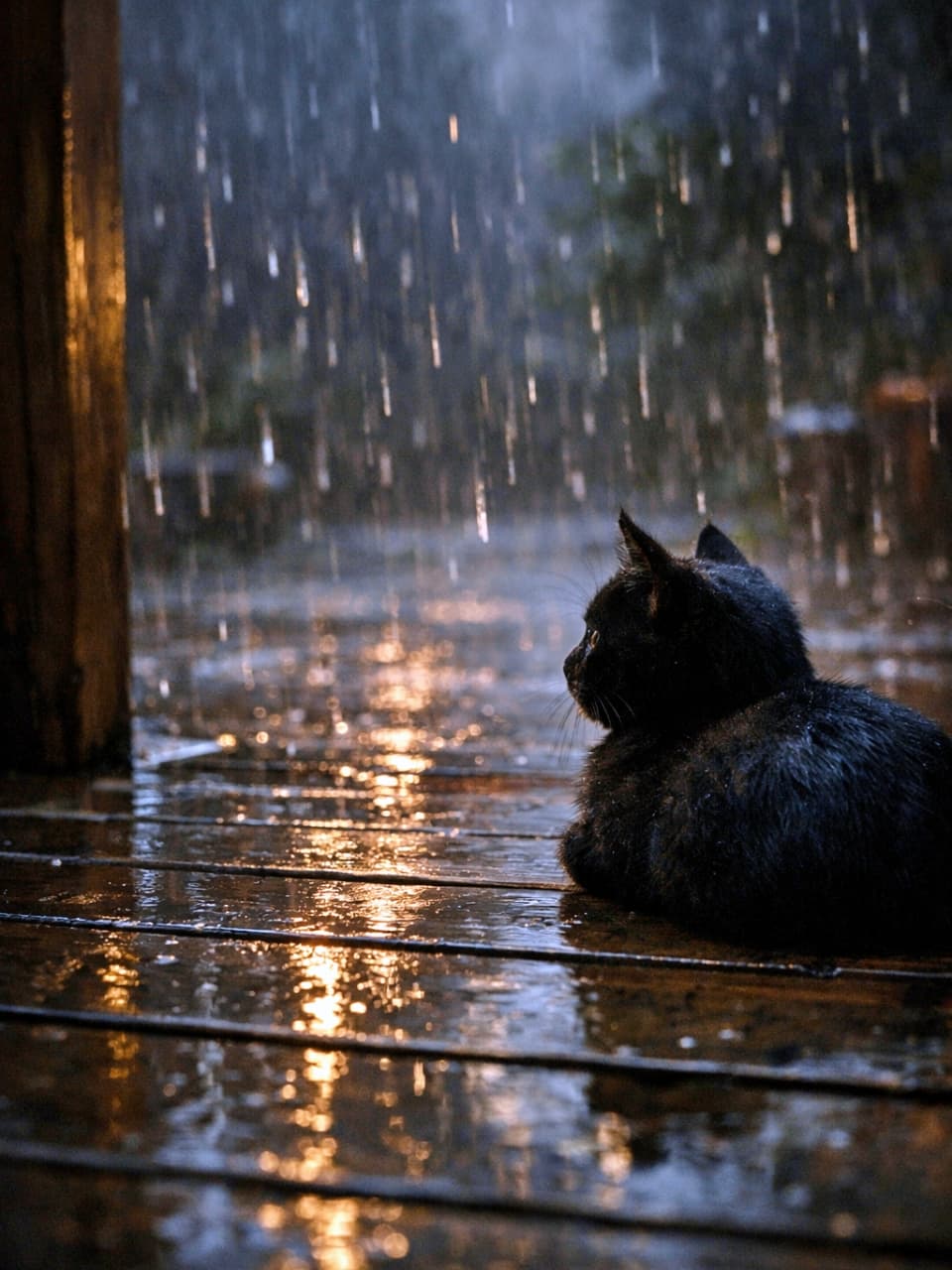 「雨音をBGMに、縁側でひと休み。黒猫の香箱座りが、夜をやさしく溶かしていく」Black kitten loafing on a rain-soaked wooden porch, paws hidden, gazing at falling raindrops in a cozy, melancholic mood with cinematic dark lighting. 雨に濡れた木の縁側で香箱座りする黒子猫。前足を隠し、雨粒を見つめる、少し切なくも落ち着いた雰囲気のシーン