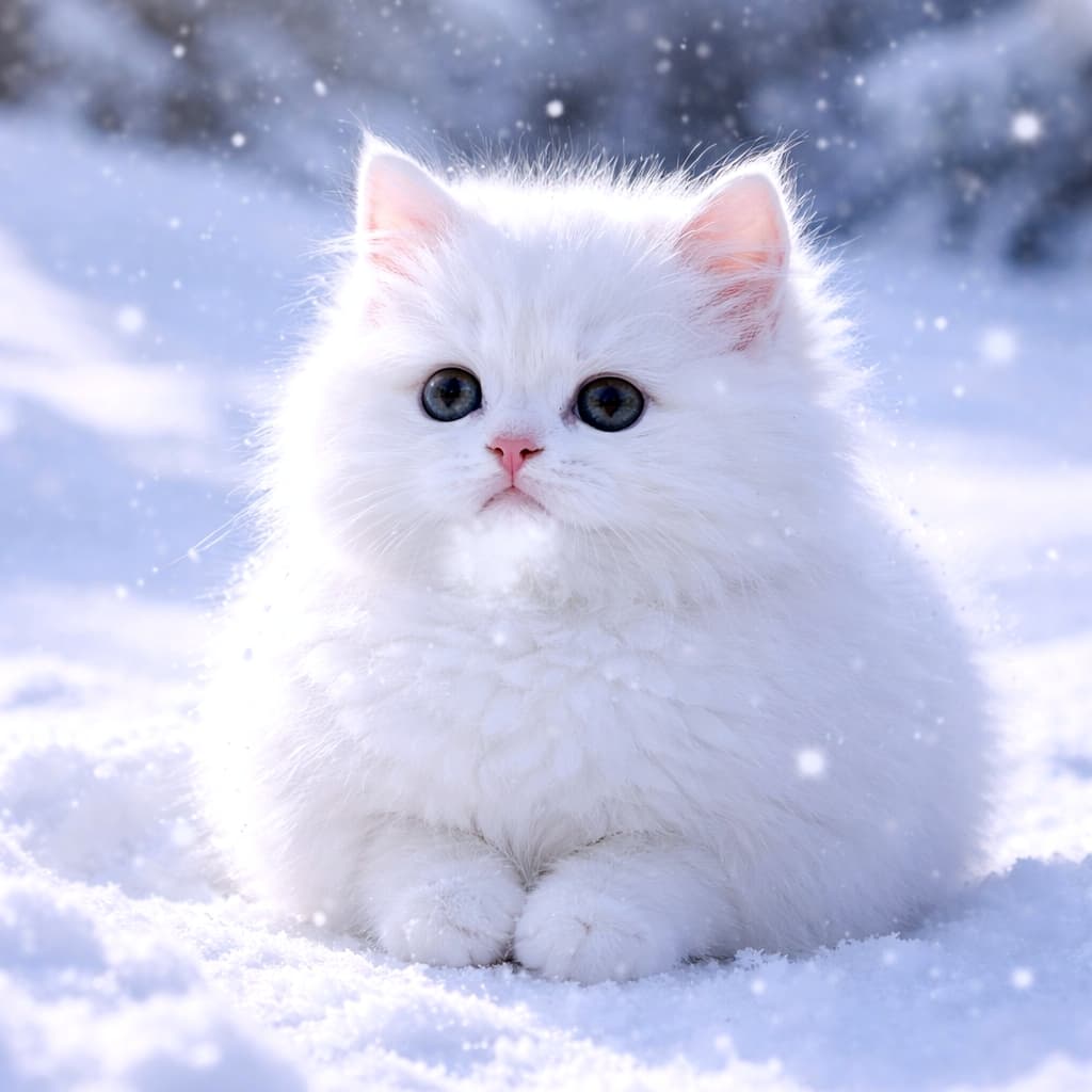 「まんまる雪うさぎ…と思ったら子猫でした❄️吐く息までかわいい、冬の奇跡の一枚」A fluffy white kitten sitting in the snow like a round snow bunny, paws tucked in for warmth, with visible breath and gently falling snowflakes. 雪の中で前足をしまい、吐く息が白く見える、雪うさぎのように丸い白い子猫