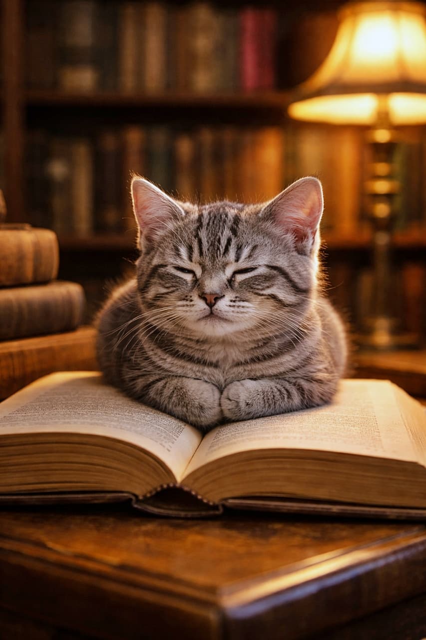 「本の上が一番落ち着くらしい。知識より先に、まぶたが閉じる図書館時間📖😴」A grey tabby kitten in a loaf position resting on an open vintage book, illuminated by warm reading lamp light in a quiet library, with a sleepy expression and detailed fur texture. 暖かな読書灯に照らされ、静かな図書館で古書の上に香箱座りするグレーのキジトラ子猫。眠そうな表情と繊細な毛並みが印象的