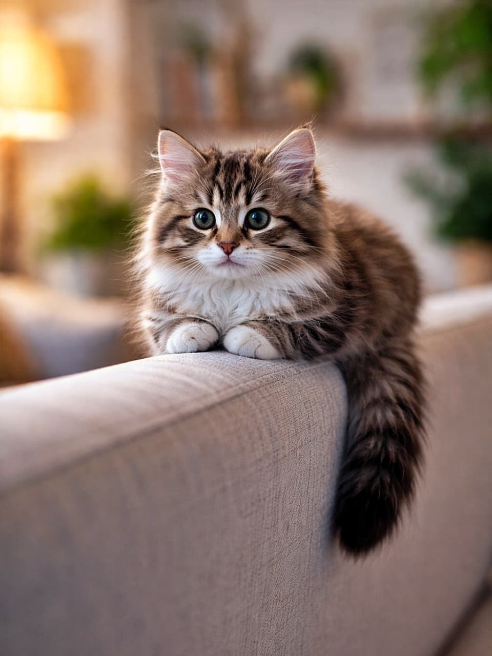 「ソファの背もたれが僕のレール。香箱スタイルで今日も安全運行中🐾」A long-haired kitten balancing in a loaf position on the narrow top edge of a sofa, paws tucked under its body, tail hanging down, with a softly blurred living room in the background. ソファの背もたれの細い縁に香箱座りでバランスよく乗る長毛の子猫。前足は完全に隠れ、しっぽが垂れ、背景はぼけたリビング