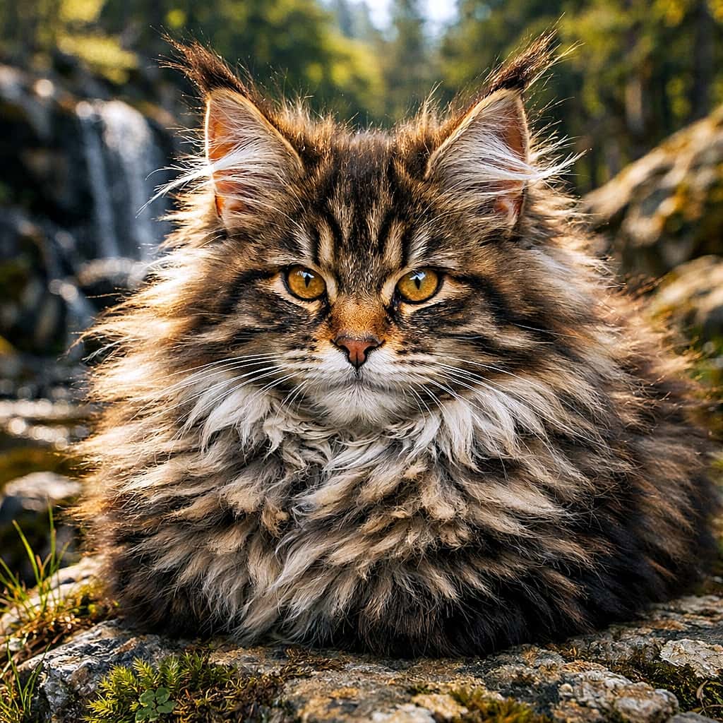 「ふわもこ極まるメインクーンの子猫。前足は完全に毛に埋もれて“猫ローフ”状態。野生の森を背景に、ちょっと神々しいほどの貫禄です🐾」Majestic Maine Coon kitten loafing with extremely fluffy fur and ear tufts, paws hidden under thick fur, staring intensely in a wild nature setting with high dynamic range. 野生の自然を背景に、ふわふわの毛に包まれて前足を隠したメインクーンの子猫がローフ姿で鋭い視線を向けているHDR写真