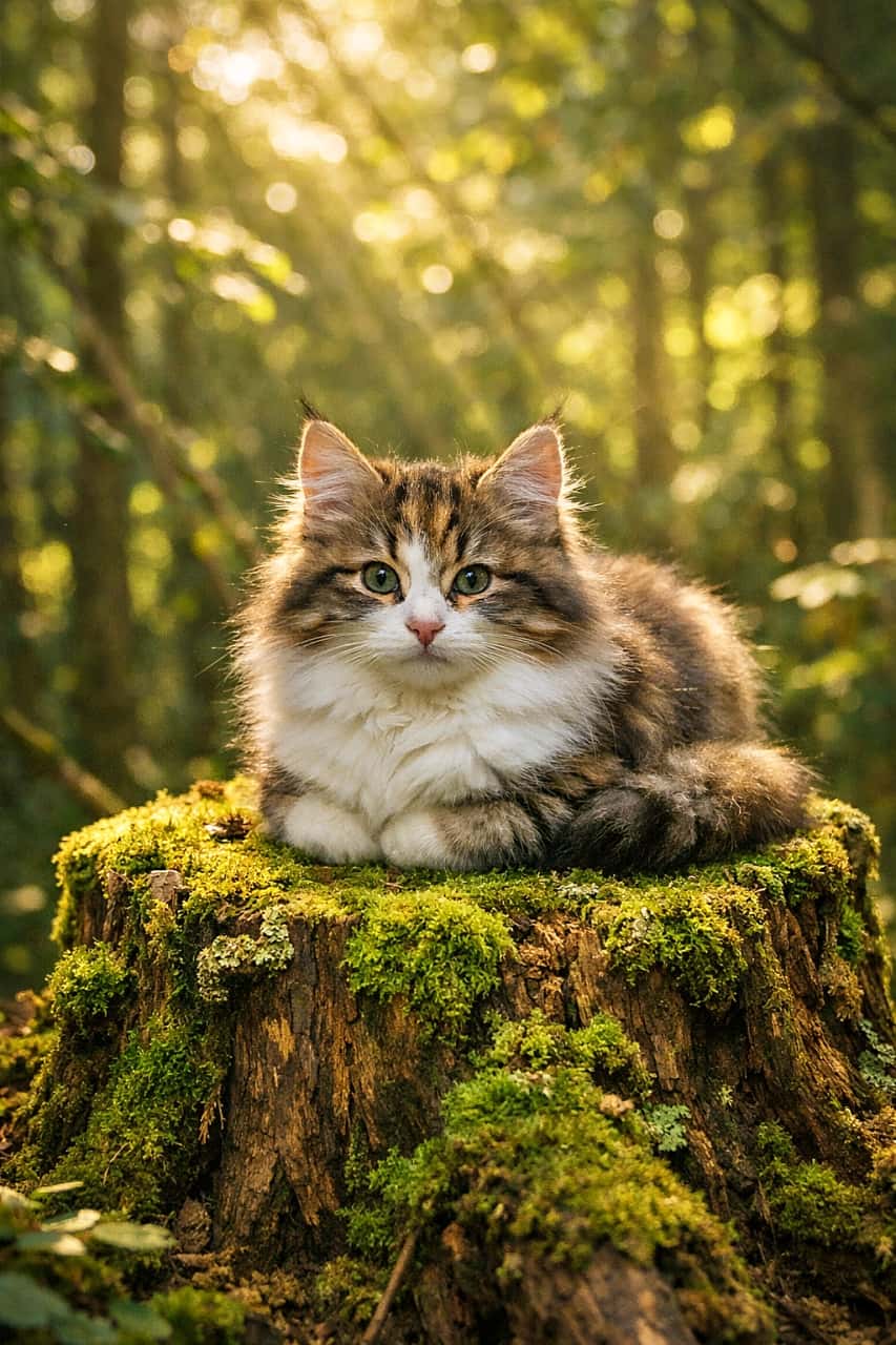 「苔の切り株は、森の特等席。木漏れ日に包まれて、子猫は今日も完璧な香箱です🌿🐾」A Norwegian Forest kitten loafing on a moss-covered tree stump in a deep green forest, paws hidden, fluffy tail wrapped around its body, with soft sunlight filtering through the trees creating a mystical atmosphere. 深い緑の森の中、苔むした切り株の上で香箱座りをするノルウェージャンフォレストの子猫。前足を隠し、ふわふわの尻尾を巻き、木漏れ日が差し込む幻想的な雰囲気