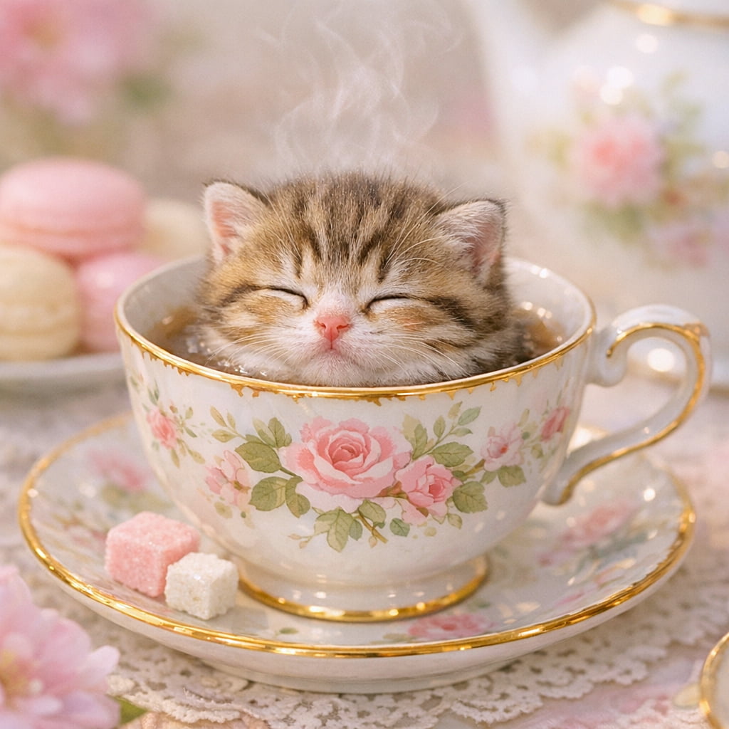 「「いい湯だな〜♨️」完全にお茶風呂を満喫しているキジトラの子猫。ティーカップでお風呂タイム!?🛁 ぽかぽかのお茶に浸かって、幸せそうに微笑むキジトラちゃんにほっこりニャ💕」A photorealistic close-up square image of a tiny tabby kitten with its eyes closed, looking incredibly happy while sitting inside a vintage floral teacup. The kitten appears to be taking a warm bath in the tea, with gentle steam rising around it. The paws are successfully hidden inside. The pastel-colored tea party setting includes pink and white macarons and sugar cubes on a lace doily. 目を閉じて非常に幸せそうな表情を浮かべ、ヴィンテージ風の花柄ティーカップの中に入っている小さなキジトラ子猫の写実的なクローズアップ正方形写真。子猫は温かいお茶のお風呂に浸かっているようで、周囲には穏やかな湯気が立ち上っている。前足は無事にカップの中に隠れている。パステルカラーのお茶会のセッティングには、レースのドイリーの上にピンクと白のマカロンや角砂糖が置かれている