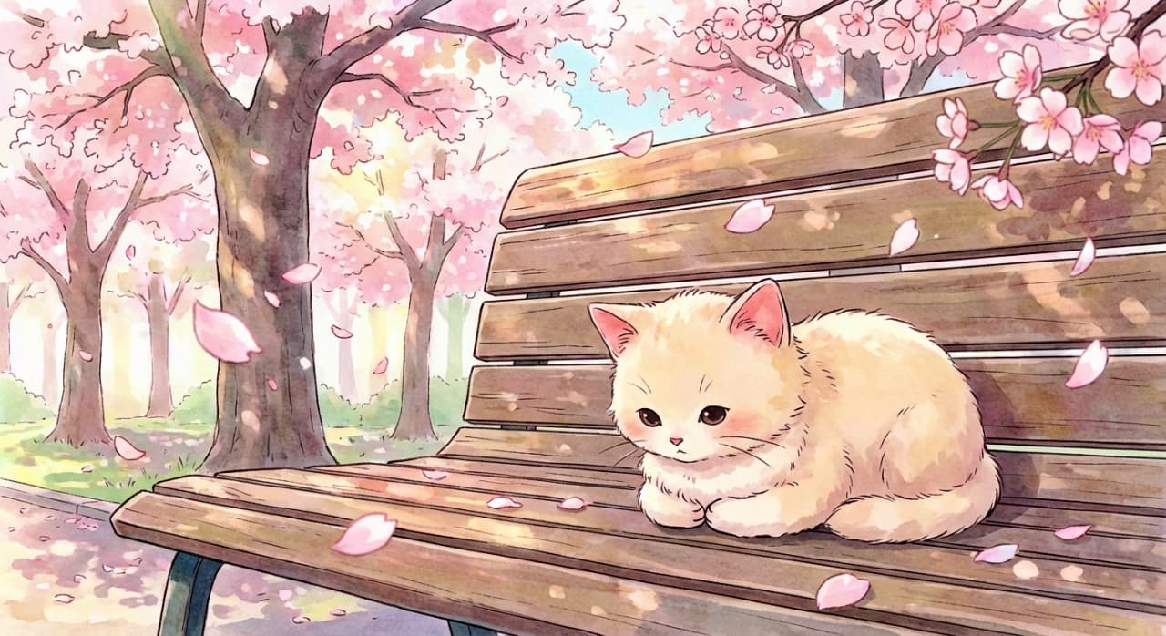 「音までやさしい春の日。このベンチでは、時間もそっと座ります🌸」A small white kitten curled in a loaf position on a park bench beneath cherry blossom trees, soft watercolor-style illustration with gentle spring light. 桜並木の下、公園のベンチで香箱座りする白い子猫。淡い色彩で描かれた水彩風の春のイラスト