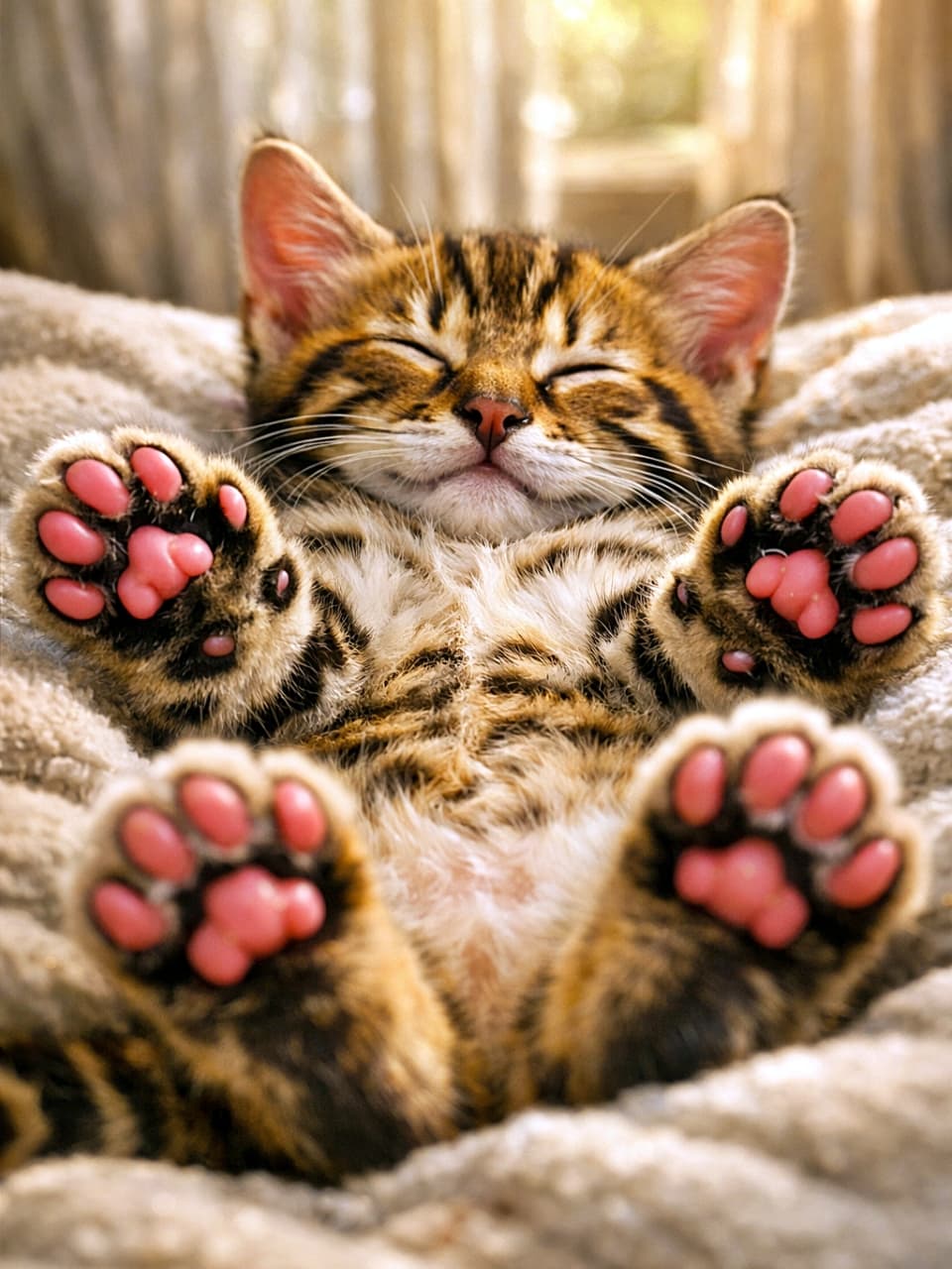 「おなか全開、肉球全力。この無防備さが、今日の疲れを一瞬で溶かします🐾」A sleeping 8-week-old Toyger kitten lying on its back with paws stretched toward the camera, showing oversized paws and pink toe beans in soft sunlight. 仰向けで眠る生後8週のトイガーの子猫。カメラに向かって伸びた大きな肉球とピンクの足裏が、カーテン越しのやわらかな光に包まれている