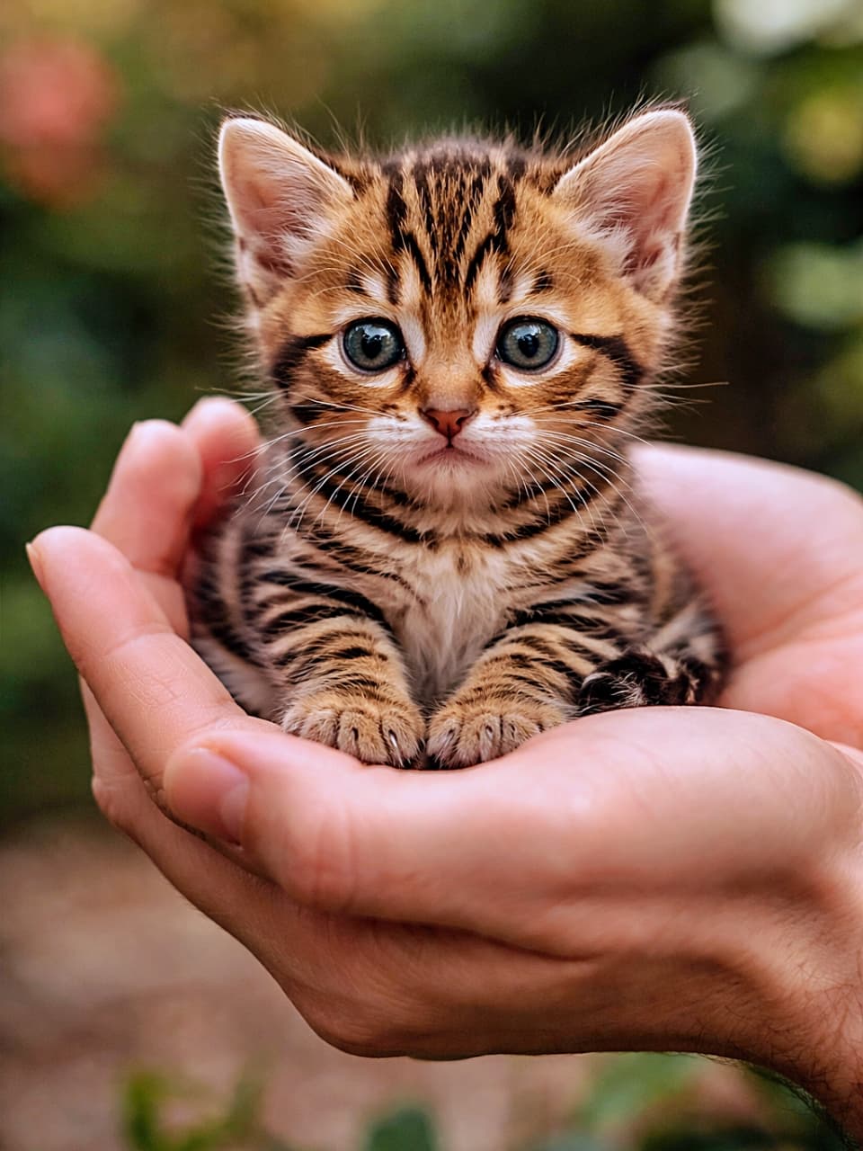 「手のひらサイズの小さなトラ。世界でいちばん守りたくなる存在です🐾」A tiny Toyger kitten resting gently in a human’s cupped hands, showing distinct tiger stripes and wide, intense eyes, with a softly blurred garden background. 人の手のひらに包まれて座る小さなトイガーの子猫。はっきりした虎柄と大きな瞳が印象的で、背景は庭の柔らかなボケ