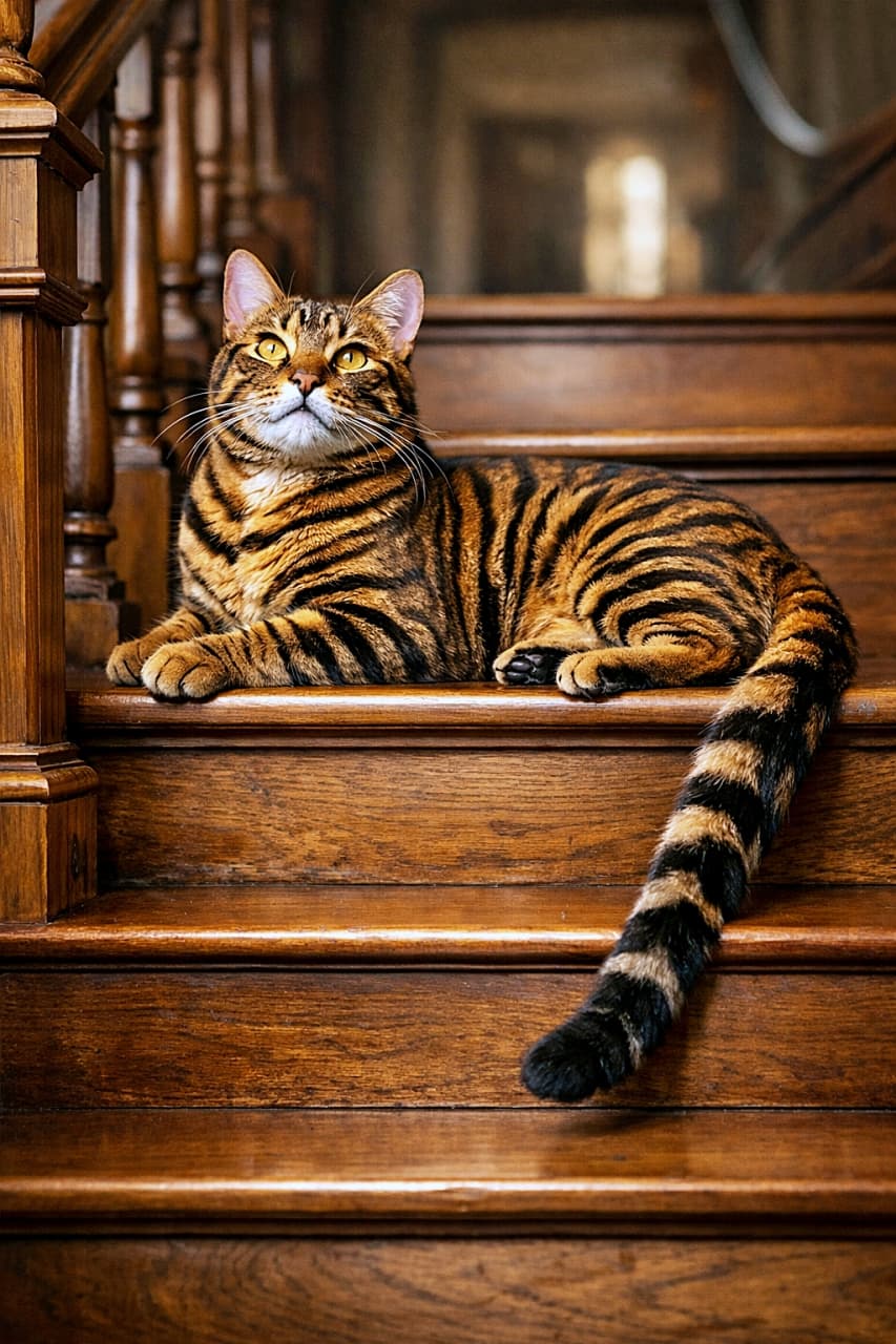 「階段がランウェイに見える瞬間。虎柄トイガー、静かに視線で心を射抜く🐯✨」A photorealistic Toyger cat lying gracefully on a wooden staircase step, tail hanging down, looking upward with intense eyes and distinct tiger-like stripes under cinematic lighting. 木製階段の段に優雅に横たわり、尻尾を下の段に垂らしながら鋭い眼差しで見上げるトイガー。虎のような縞模様が際立つ写実的な猫の姿