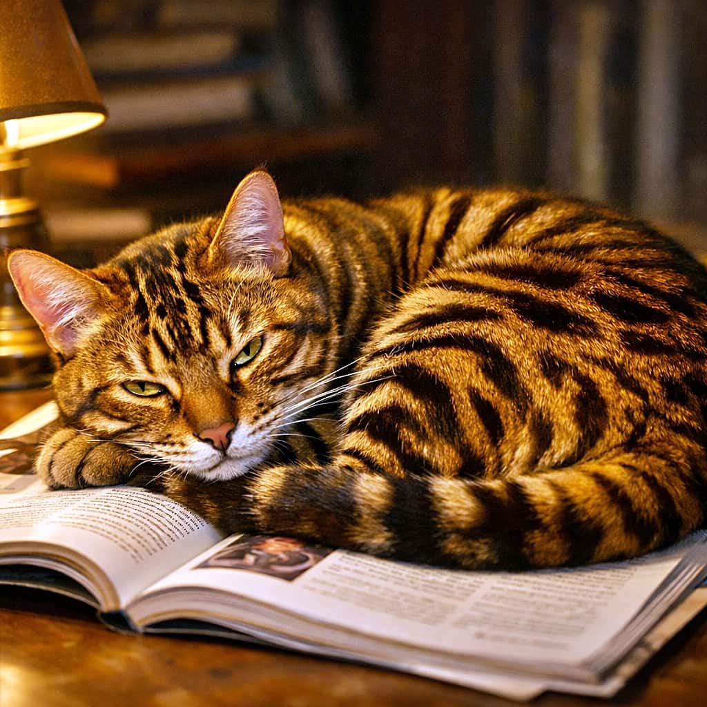 「本より先に夢の世界へ。知的な虎猫が、静かな読書時間をそっと乗っ取った夜」A photorealistic Toyger cat with distinct tiger stripes curled up on an open book under warm reading lamp light, sleepy yet intense eyes creating an intellectual and cozy atmosphere. 暖かな読書灯の下、開いた本の上で丸くなって眠そうな表情を見せる、虎柄が美しいトイガーのフォトリアルな猫