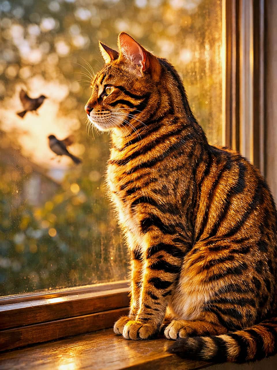「夕暮れの窓辺は特等席。キラキラ毛並みで鳥さん観察中のトイガーさん 🐾✨」A Toyger cat sitting elegantly on a windowsill, watching birds outside in profile view, bathed in golden hour sunlight that highlights its glittering tiger-striped coat. 窓辺に優雅に座り、夕暮れの光に照らされながら外の鳥を見つめるトイガーの横顔