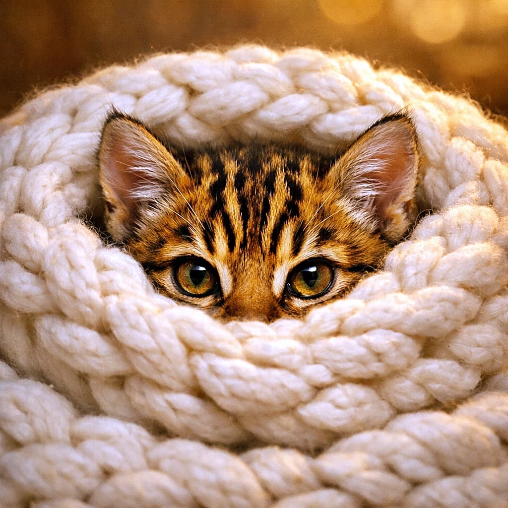 「ぬくぬく毛布の奥から、じっと見つめる小さなトラ。この視線、反則級のかわいさです🐾」A tiny Toyger kitten peeking out from a chunky white knit blanket, showing only its intense eyes and ears in warm cinematic lighting. 白い極太ニットブランケットから目と耳だけをのぞかせる、トイガーの子猫のアップ写真。温かみのある光