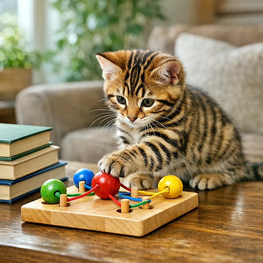 「赤いボール発見!小さな前足で考え中なトイガーくん🐾✨」A Toyger kitten touching a red ball on a wooden educational toy on a coffee table, with books stacked beside it in a cozy living room filled with plants and soft window light. コーヒーテーブルの上で木製の知育玩具の赤いボールに前足を伸ばすトイガーの子猫。本と植物に囲まれた居心地の良いリビング