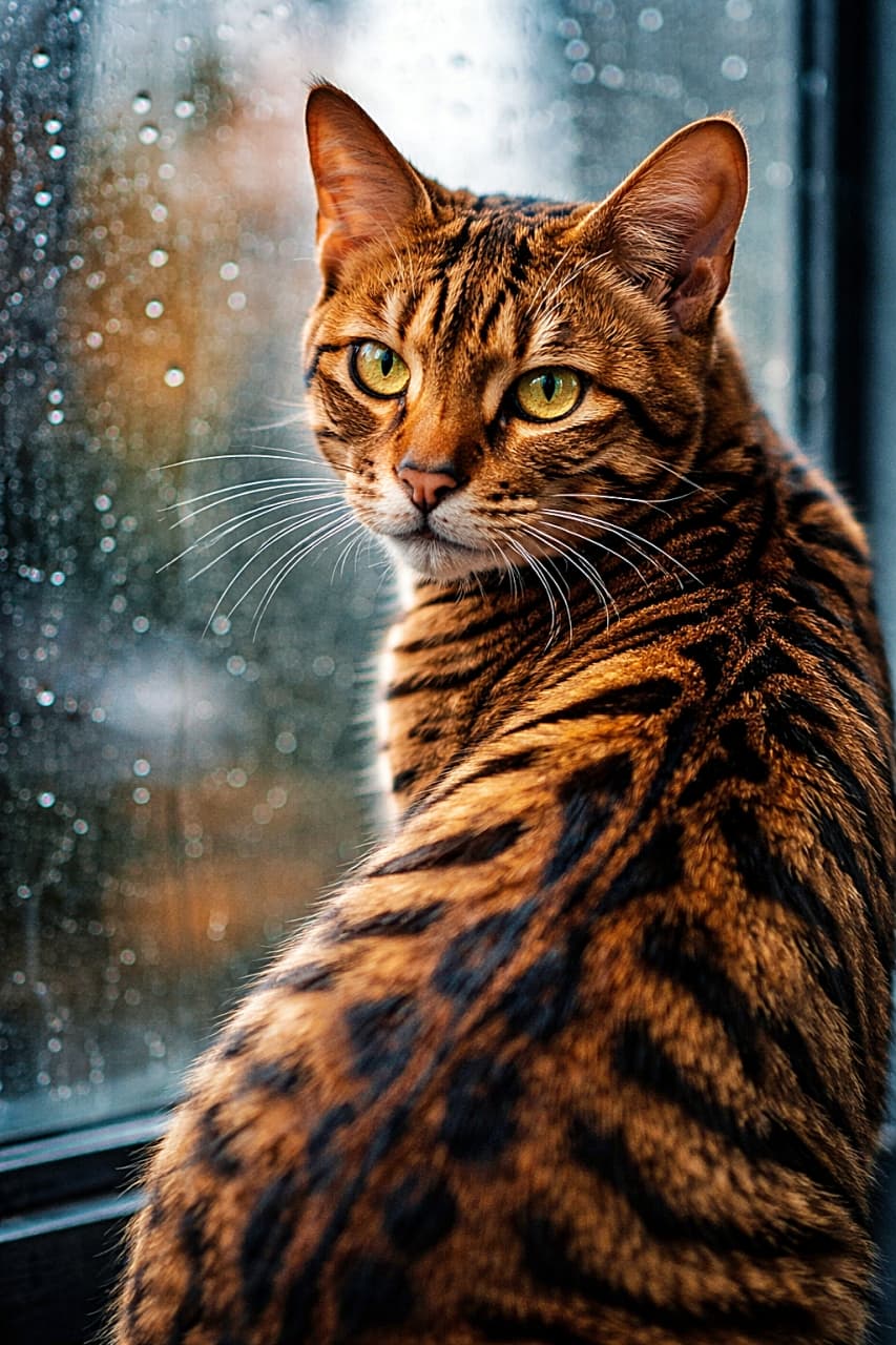 「雨音を背に、ふり返るその瞬間。トイガーの視線に、思わず息をのむ」An over-the-shoulder view of a Toyger cat looking back with an intense gaze, showing distinct tiger-like neck stripes, with a rainy window bokeh background. 雨粒が付いた窓を背景に、肩越しに振り返り鋭い眼差しを向けるトイガー。首元の虎模様が美しく際立っている