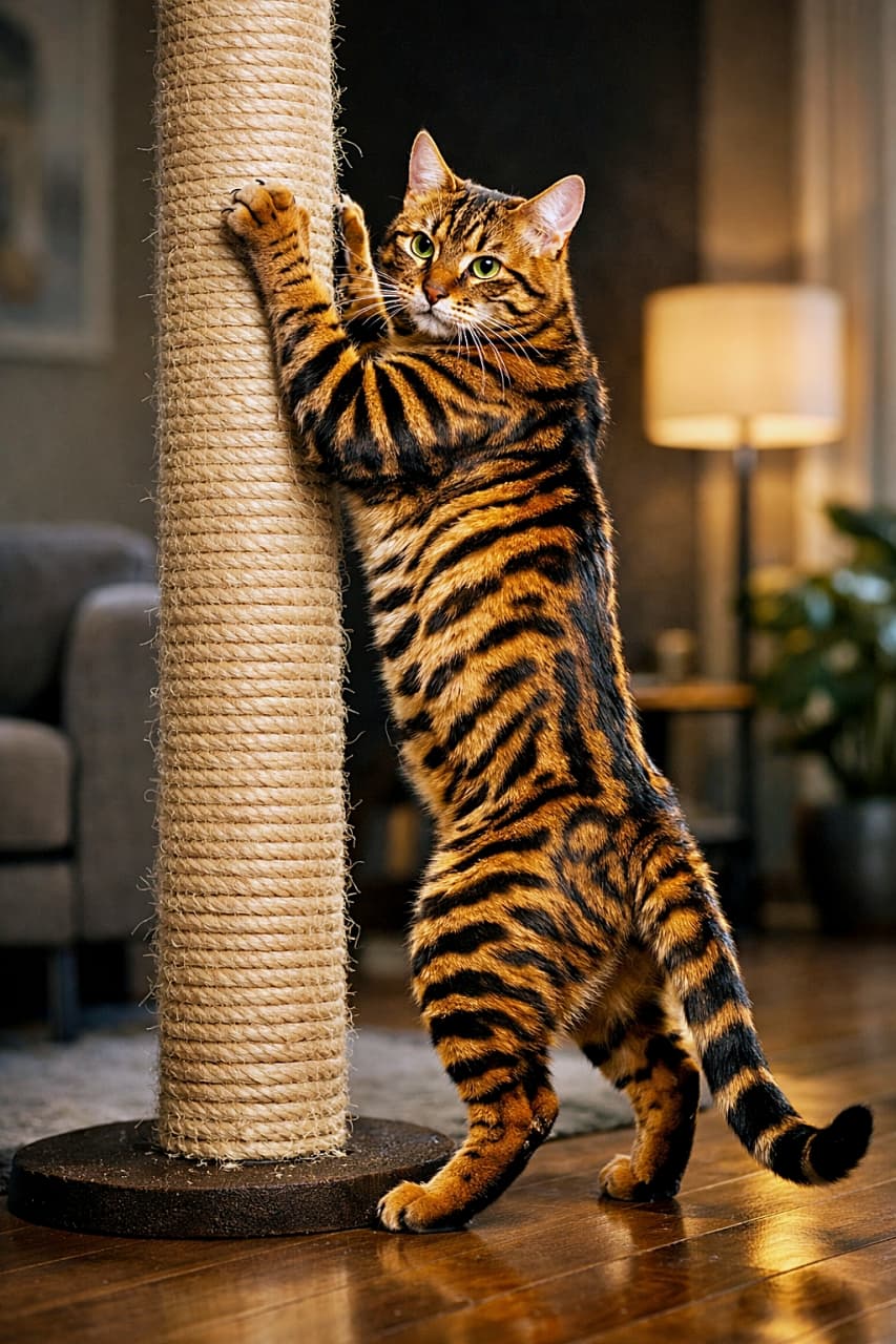 「今日も全力ストレッチ!爪とぎがジムに見える瞬間、トイガーは裏切らない🐯」A Toyger cat standing on its hind legs and scratching a tall sisal scratching post, showing flexed back muscles and bold tiger-like stripes in a modern interior. モダンな室内で、後ろ足で立ち、背中の筋肉をしならせながら高いサイザル麻の爪とぎを引っかくトイガー