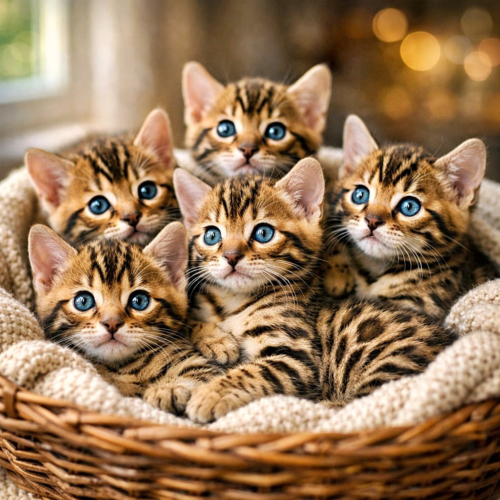 「ぎゅっと寄り添うベンガル子猫たちのぬくもり空間♡つぶらな瞳に癒やされる瞬間」A wicker basket filled with adorable Bengal kittens cuddling together on a soft knitted blanket, their blue eyes wide with curiosity in warm natural light 柔らかなニットブランケットが敷かれた籠の中で、寄り添い合うベンガルの子猫たちが好奇心いっぱいの青い瞳で見つめている様子